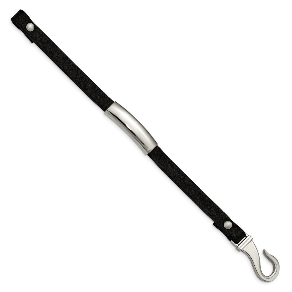Stainless Steel Polished Black Leather 8.5in ID Bracelet 8.5 inches