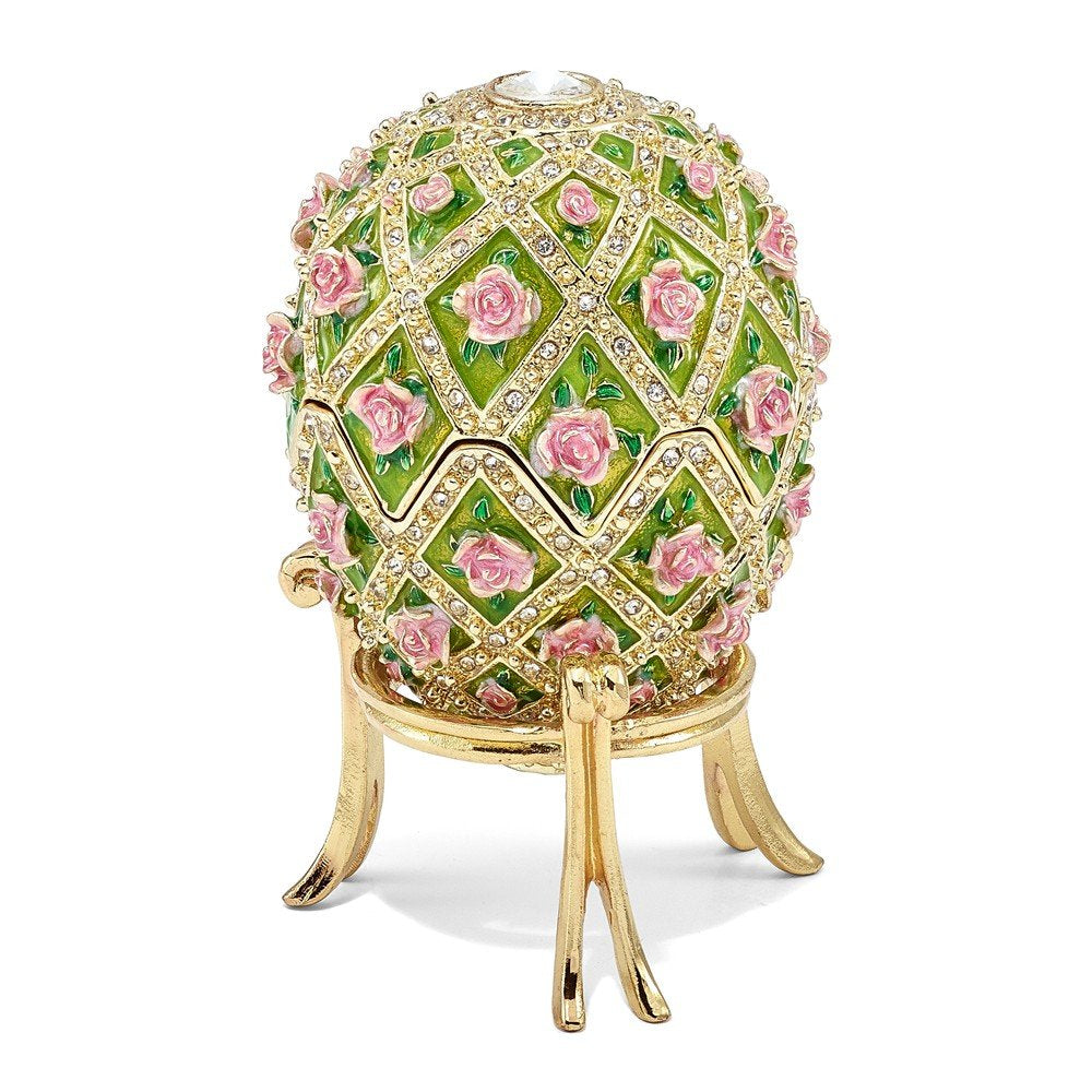 Luxury Giftware by Jere Pewter Bejeweled Crystals Gold-tone Enameled ROSE GARDEN Floral (Plays Memory) Musical Egg with Matching 18 Inch Necklace QBJ2065