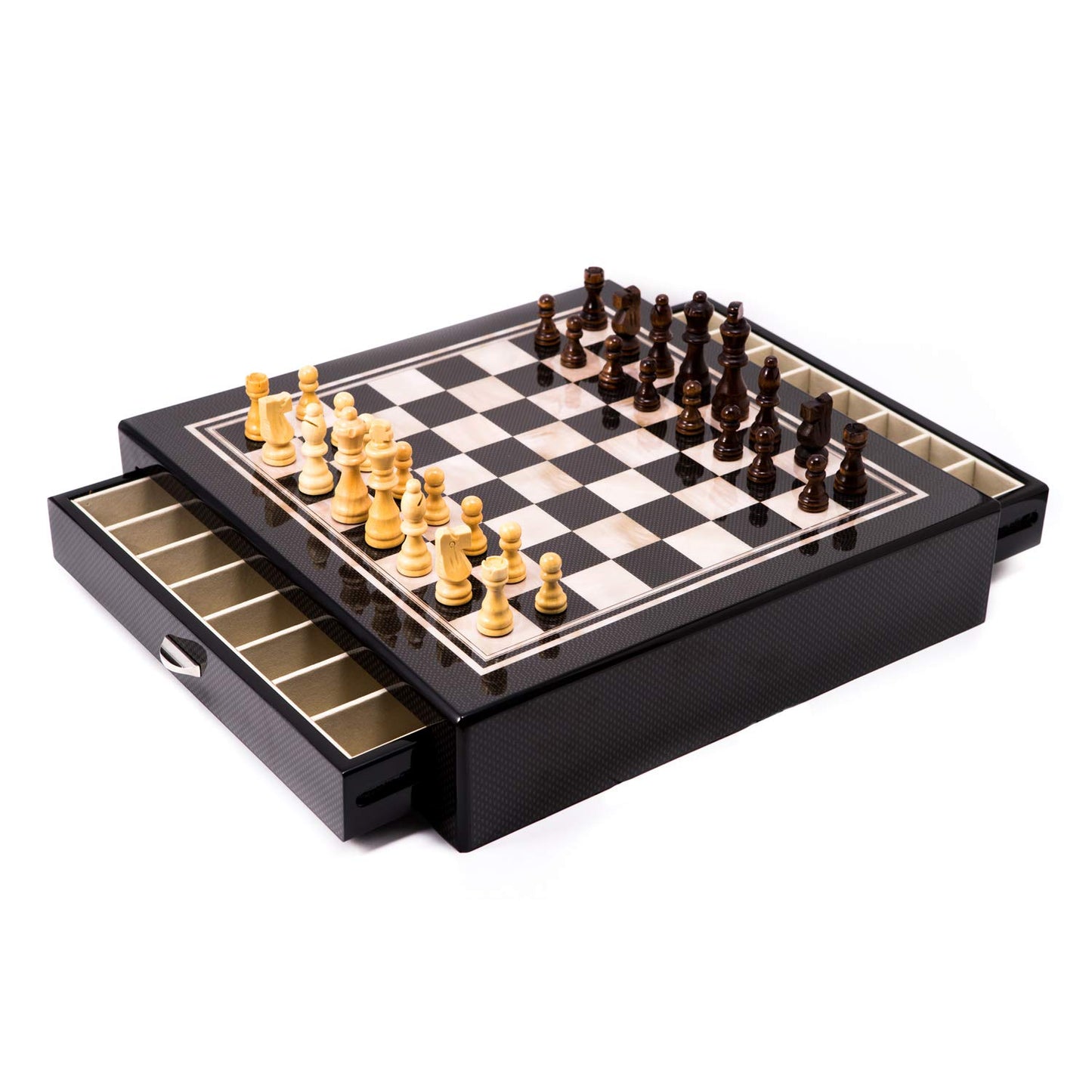 Bey-Berk International G551 Carbon Fiber & Mother of Pearl Design Chess Set with Accessory Drawers, Beige & Brown