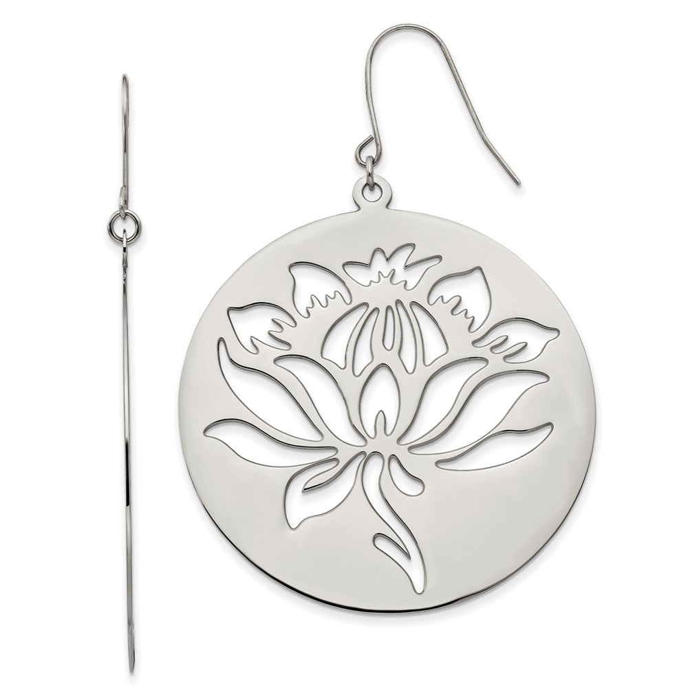 Stainless Steel Polished Flower Cut out Dangle Shepherd Hook Earrings