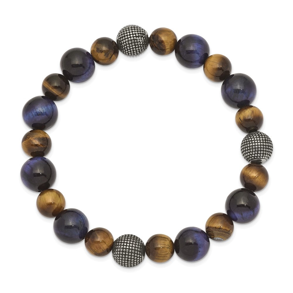 Stainless Steel Antiqued & Polished Brown/Blue Tiger's Eye Stretch Bracelet 6.5 inches