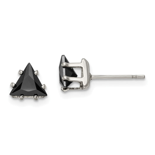 Stainless Steel Polished 6mm Black Triangle CZ Stud Post Earrings