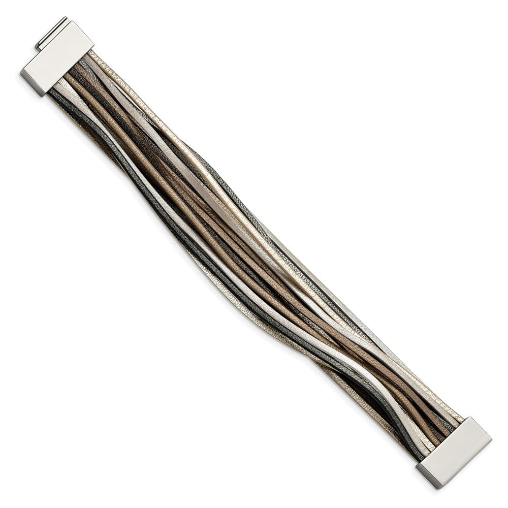 Stainless Steel Polished Multi-Strand Metallic Faux Leather 7.25in Bracelet 7.25 inches