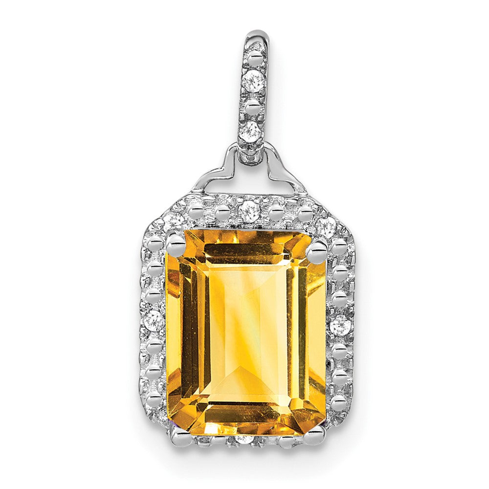 14k White Gold Emerald-cut Citrine and Diamond Halo Pendant