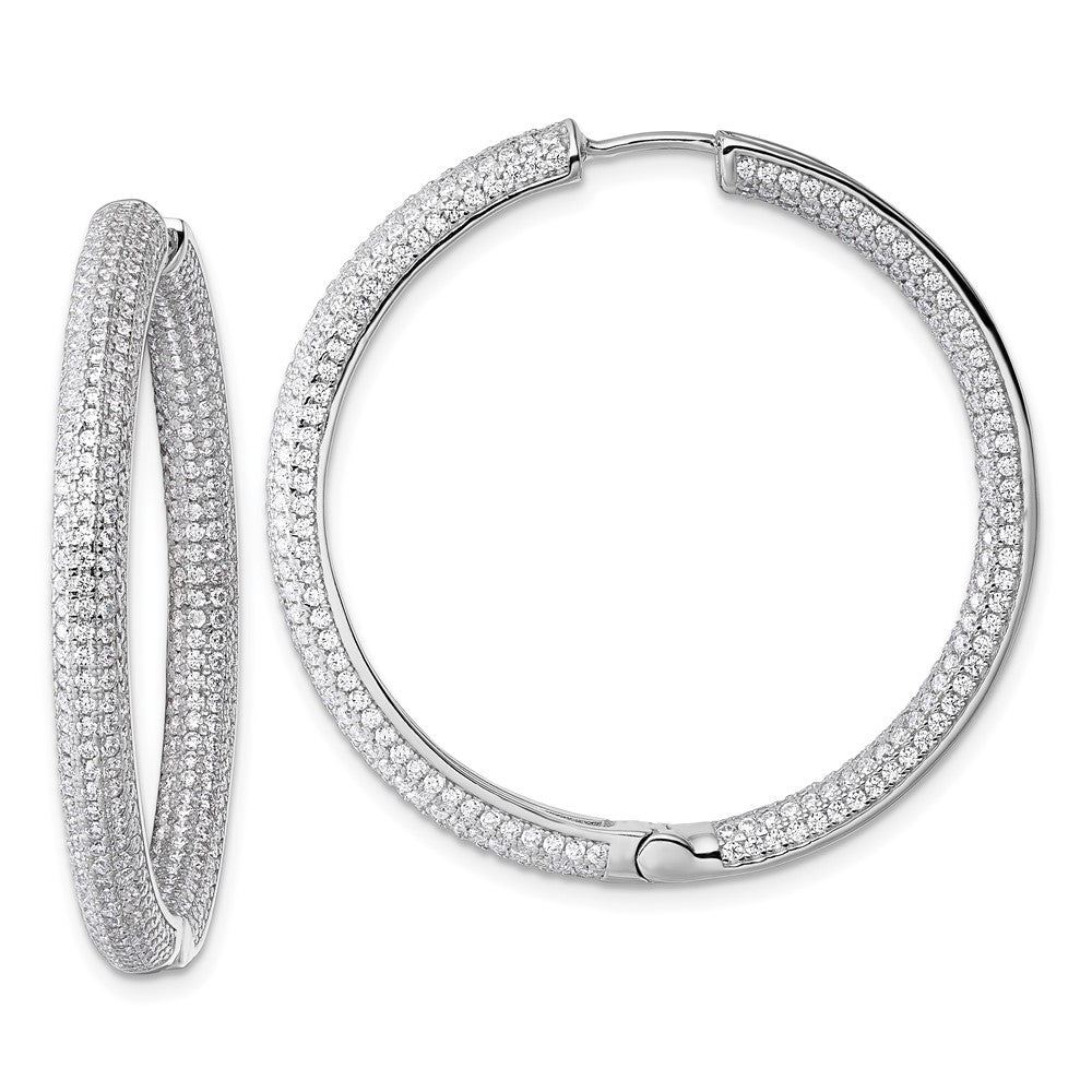 Sterling Silver Rhodium-plated In and Out CZ Pave 3.7 x 39mm Hinged Hoop Earrings