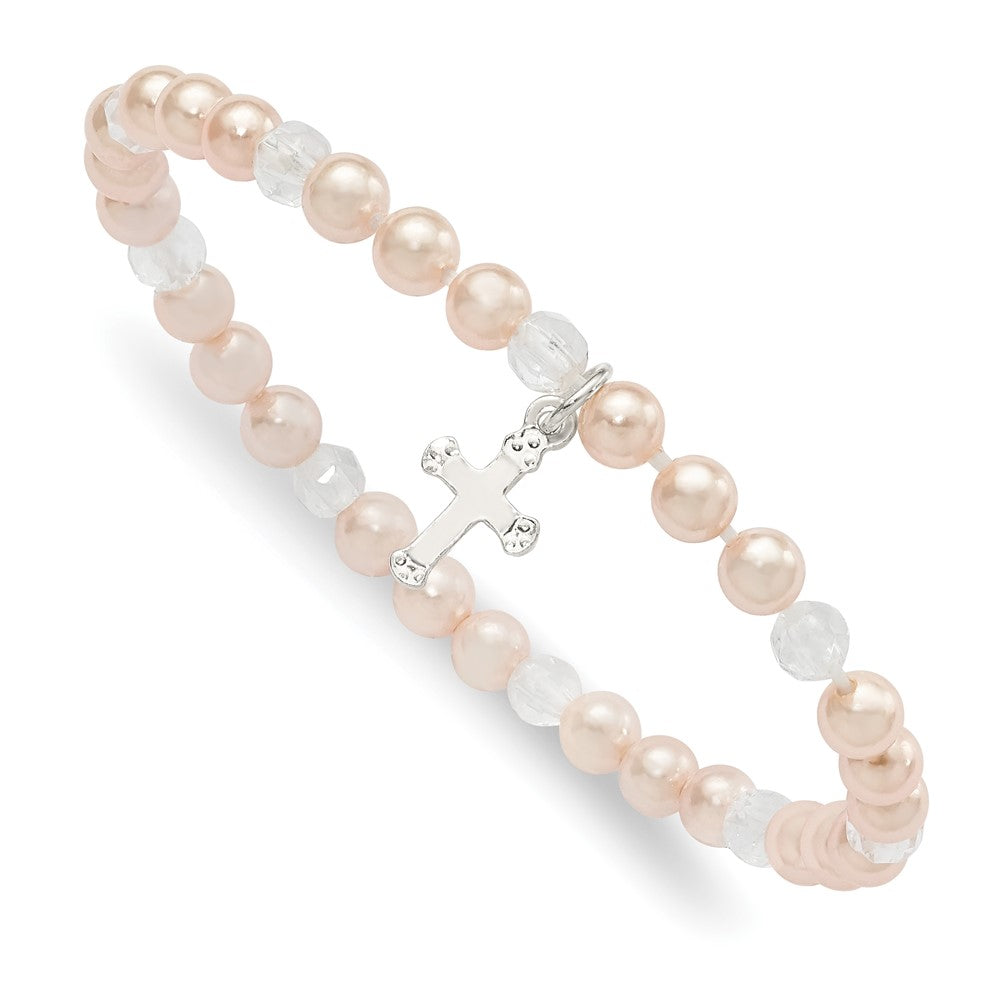 Sterling Silver Pink Shell Bead & Crystal Cross Children's Stretch Bracelet 5 inches