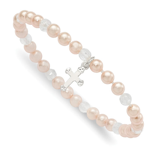 Sterling Silver Pink Shell Bead & Crystal Cross Children's Stretch Bracelet 5 inches