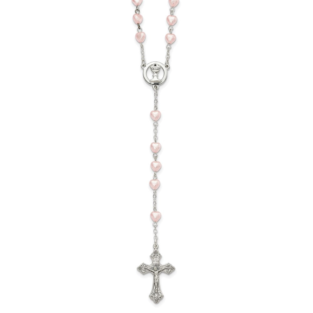 Silver-tone Pink Glass Heart Bead Communion Boxed Rosary