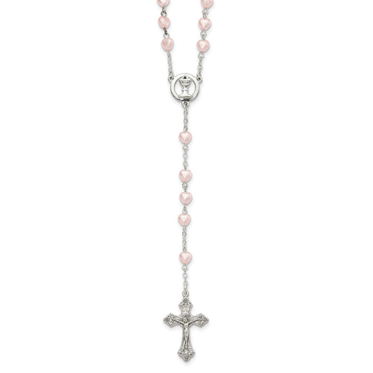 Silver-tone Pink Glass Heart Bead Communion Boxed Rosary