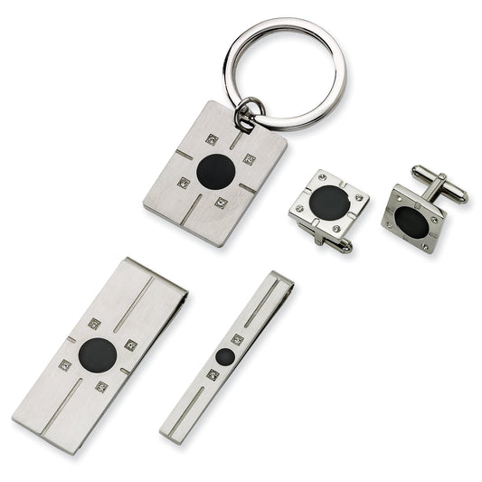 Stainless Steel Black Enamel & CZ 4-piece Boxed Set
