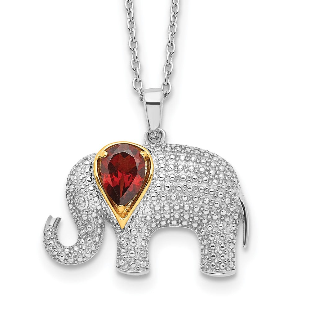 Brilliant Gemstones Sterling Silver with 14K Accent Rhodium-plated Garnet and Diamond Elephant 18 Inch Necklace with 2 Inch Extender 17 Inches