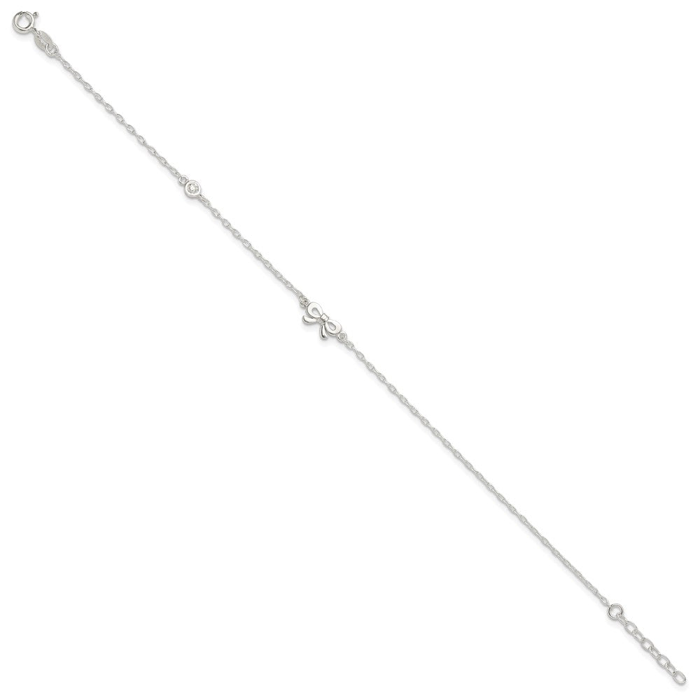 Sterling Silver Polished CZ Bow 9in Plus 1in Ext. Anklet 9 inches