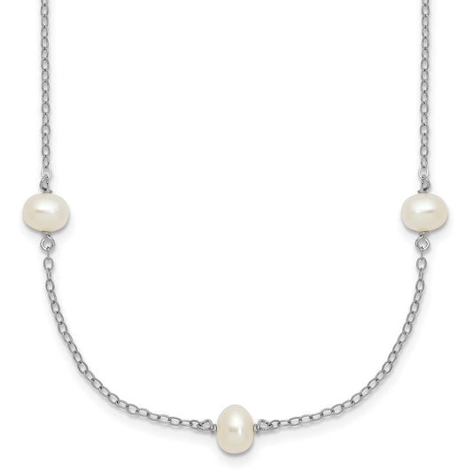Sterling Silver Rhodium-plated 4-5mm White Near-Round Freshwater Cultured Pearl 9-Station 18 inch Necklace 18 Inches