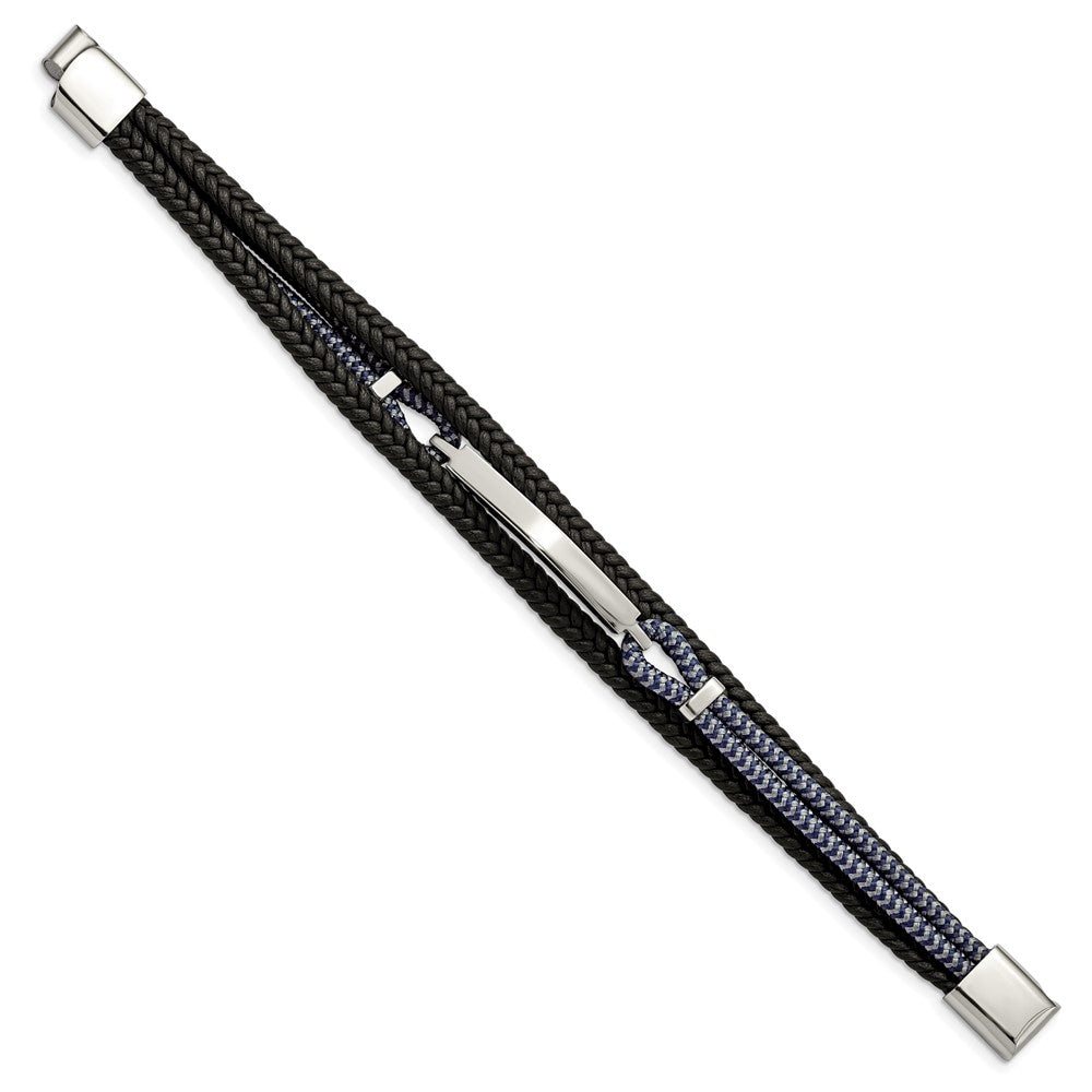 Stainless Steel Polished Leather and Cotton Multi Strand 8.25in ID Bracelet 8.25 inches