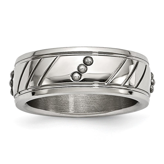 Stainless Steel Polished Beaded and Grooved 8mm Band