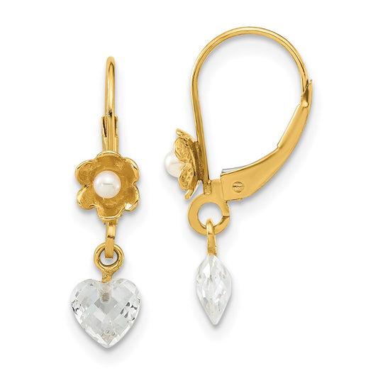 14ky Polished Freshwater Cultured Pearl & CZ Flower Leverback Earrings