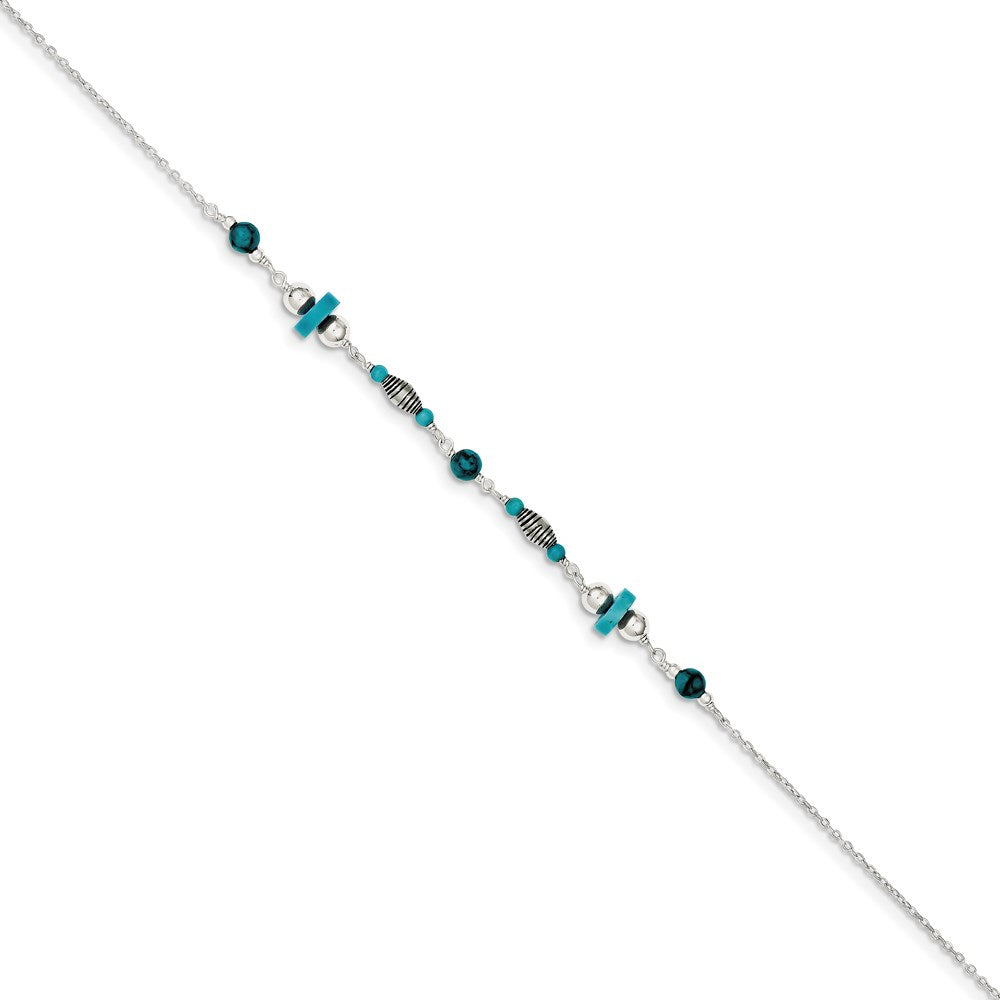 Sterling Silver Antiqued Turquoise Beaded Anklet 9 inches