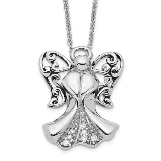 Sentimental Expressions Sterling Silver Rhodium-plated CZ Antiqued Angel of Strength 18in Necklace 18 Inches