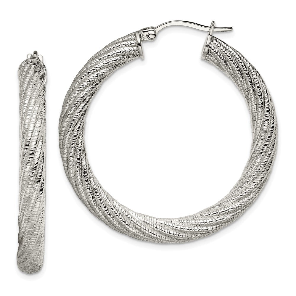 Stainless Steel Polished and Textured Hollow Hoop Earrings