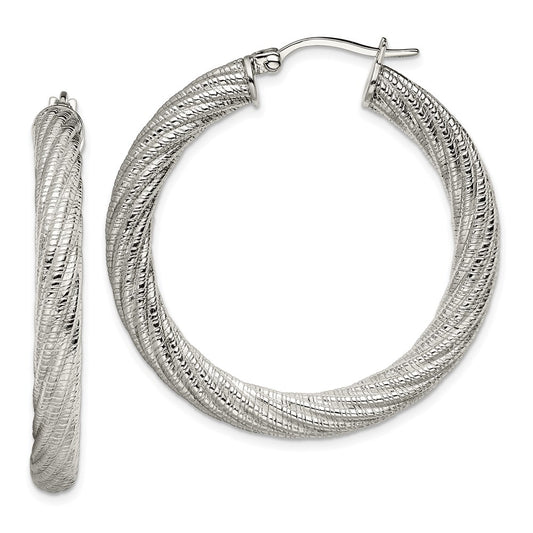 Stainless Steel Polished and Textured Hollow Hoop Earrings