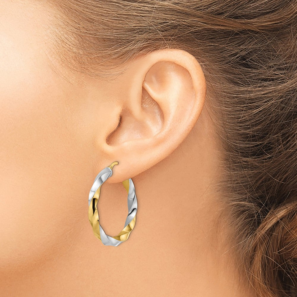 14K & Rhodium Polished Twisted Hoop Earrings
