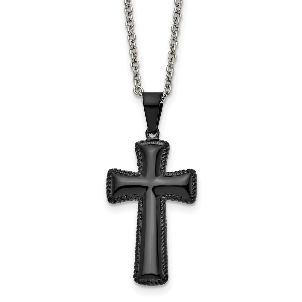 Stainless Steel Polished Black IP-plated Medium Pillow Cross 18in Necklace