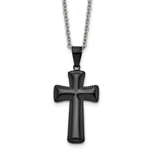 Stainless Steel Polished Black IP-plated Medium Pillow Cross 18in Necklace