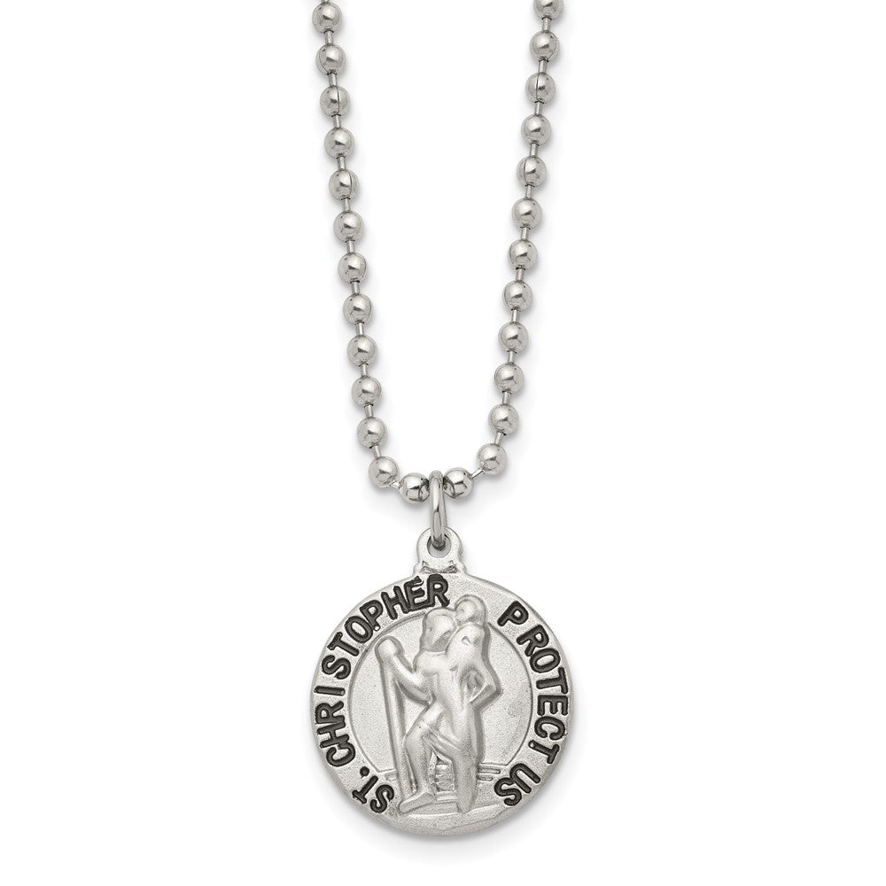 Stainless Steel Brushed and Enameled St. Christopher Medal 22in Necklace