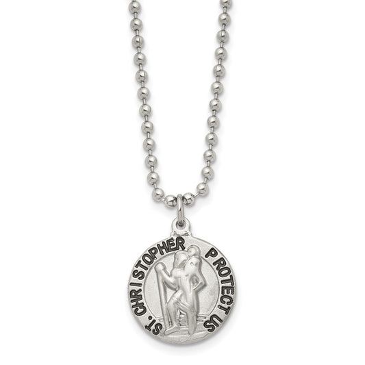 Stainless Steel Brushed and Enameled St. Christopher Medal 22in Necklace