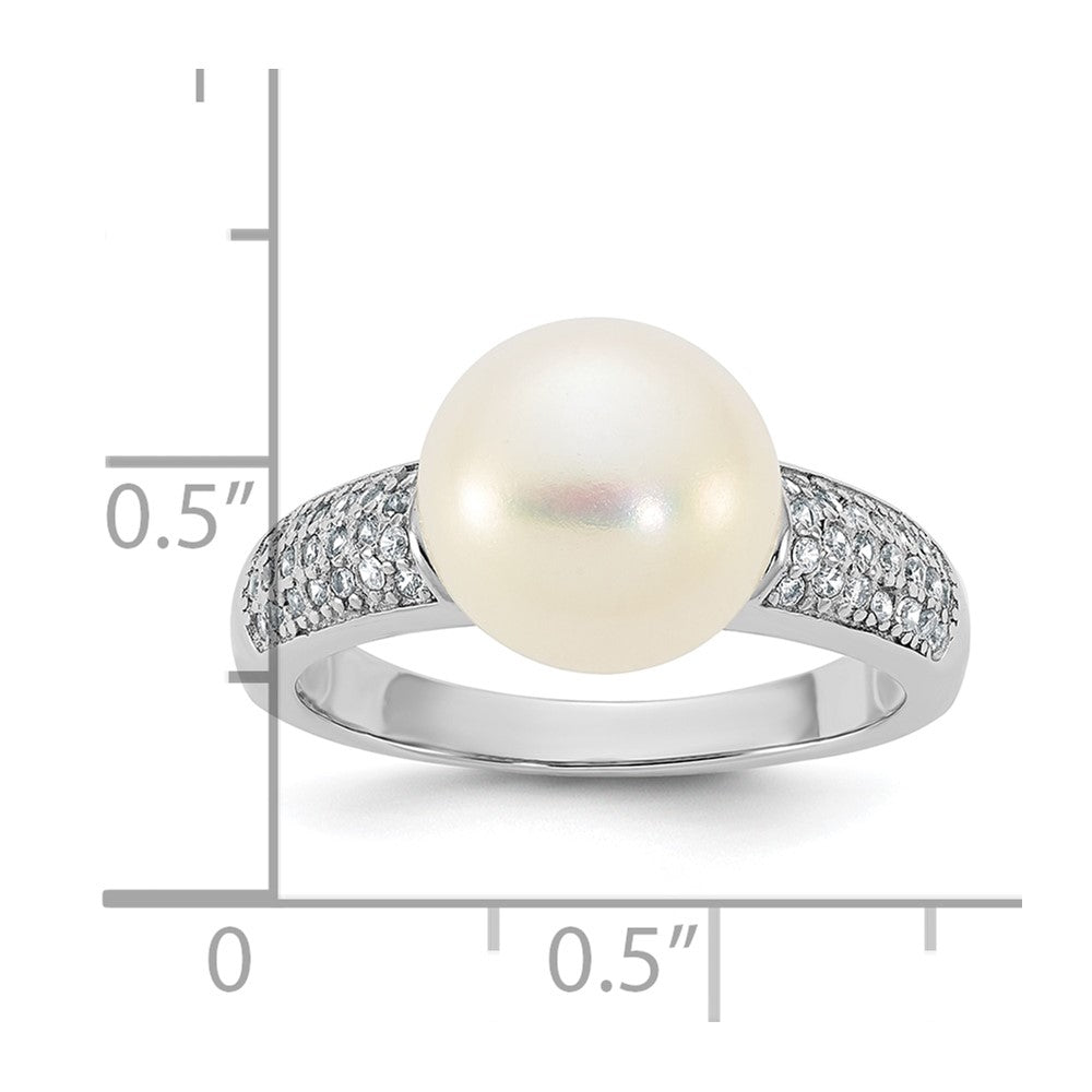 Sterling Silver Rhodium-plated 9-10mm Button White Freshwater Cultured Pearl and CZ Size 8 Ring