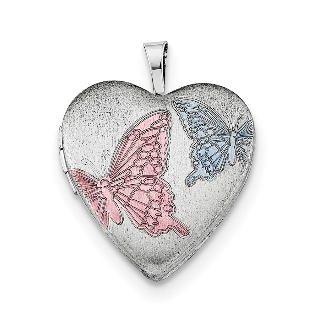 Sterling Silver RH-plated 20mm Enamel Butterflies Heart Locket Necklace 18 Inches