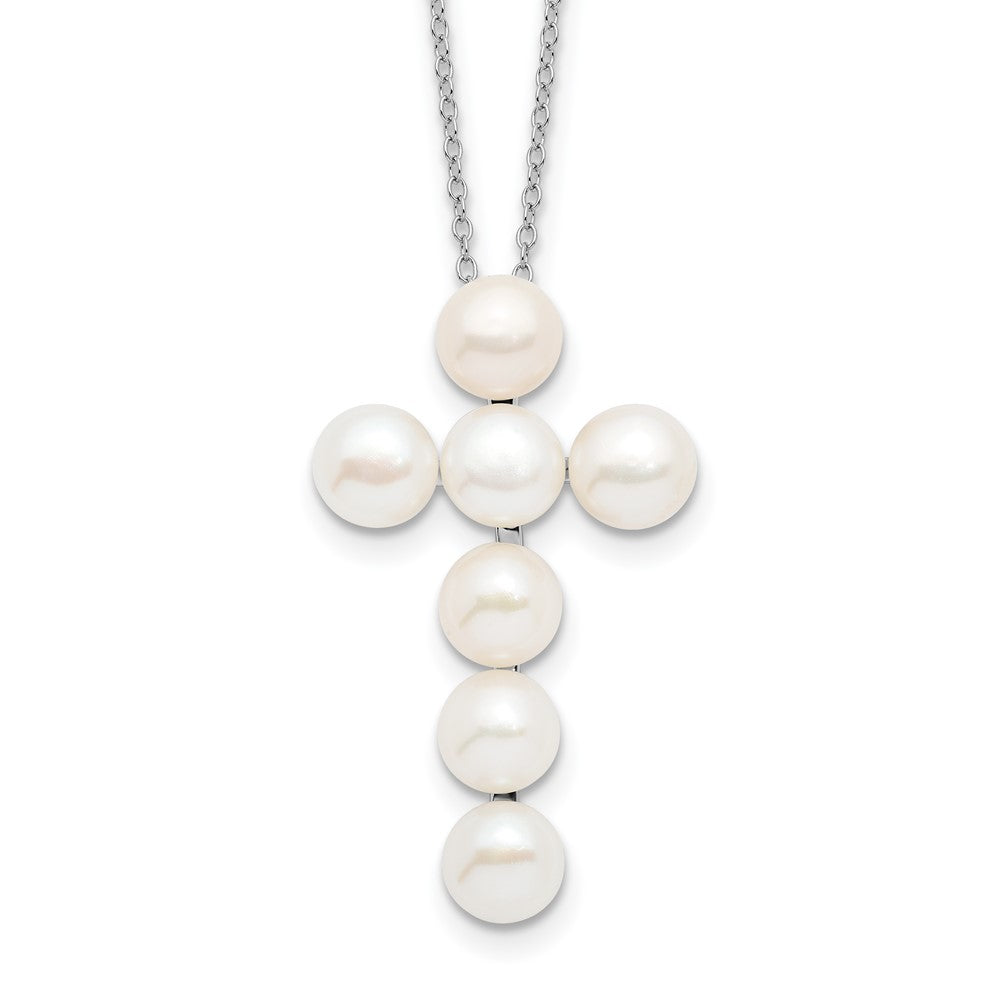 Sterling Silver Rhodium-plated 6-7mm White Button Freshwater Cultured Pearl Cross 17 inch Necklace 17 Inches
