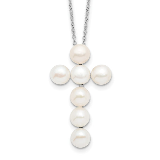 Sterling Silver Rhodium-plated 6-7mm White Button Freshwater Cultured Pearl Cross 17 inch Necklace 17 Inches