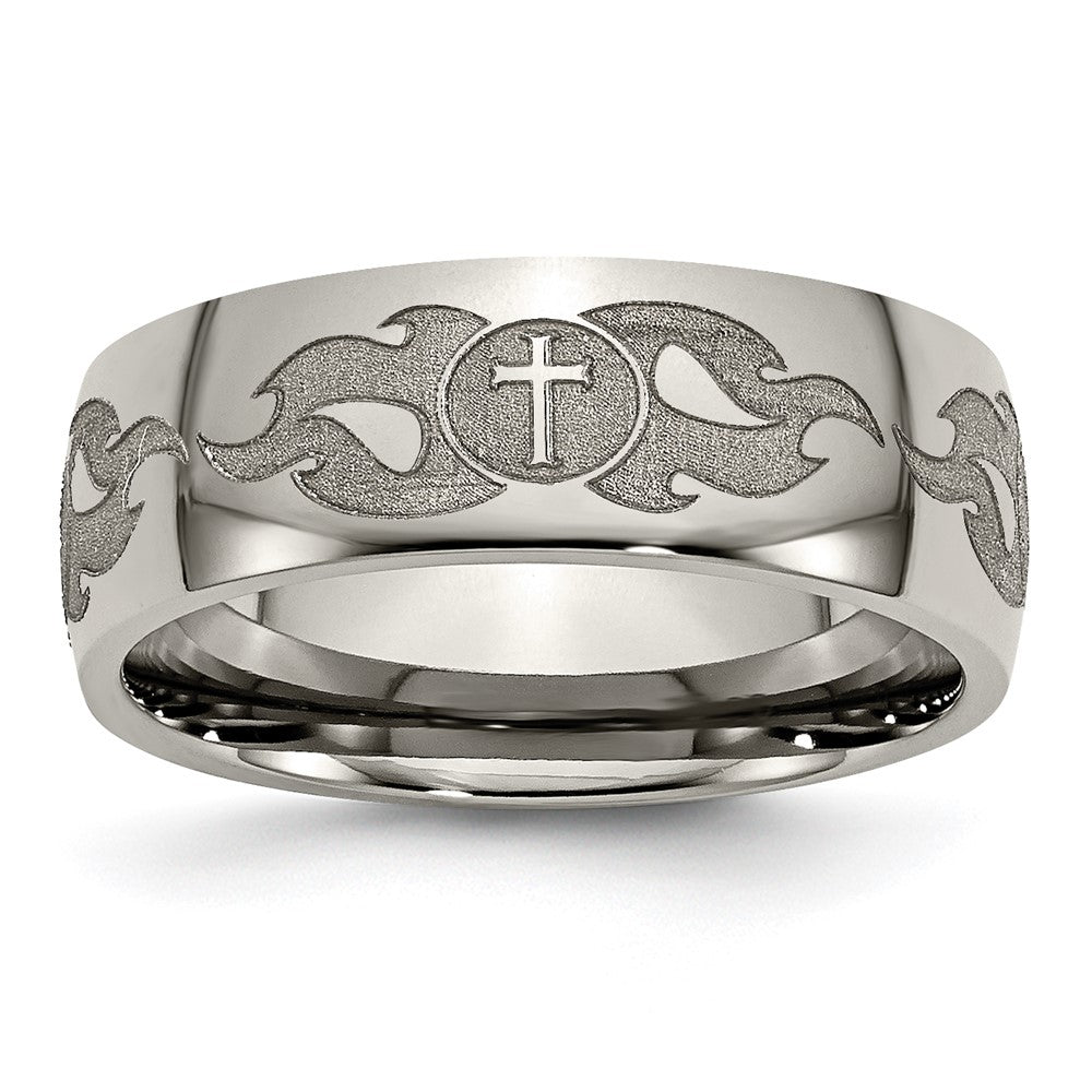 Titanium Polished Cross w/Flames Laser Design 8mm Band Size - 7