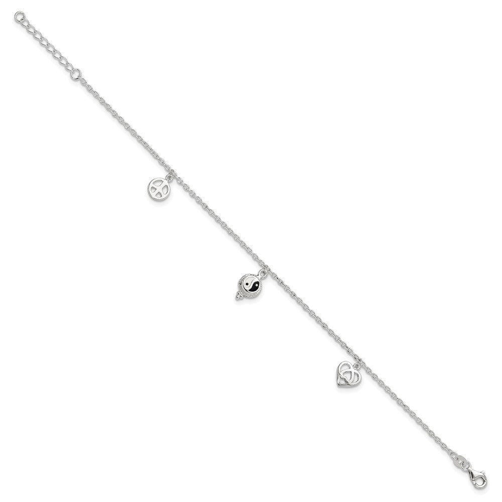 Sterling Silver Polished Hearts and Peace Sign 8in Plus 1in Ext Anklet 9 inches
