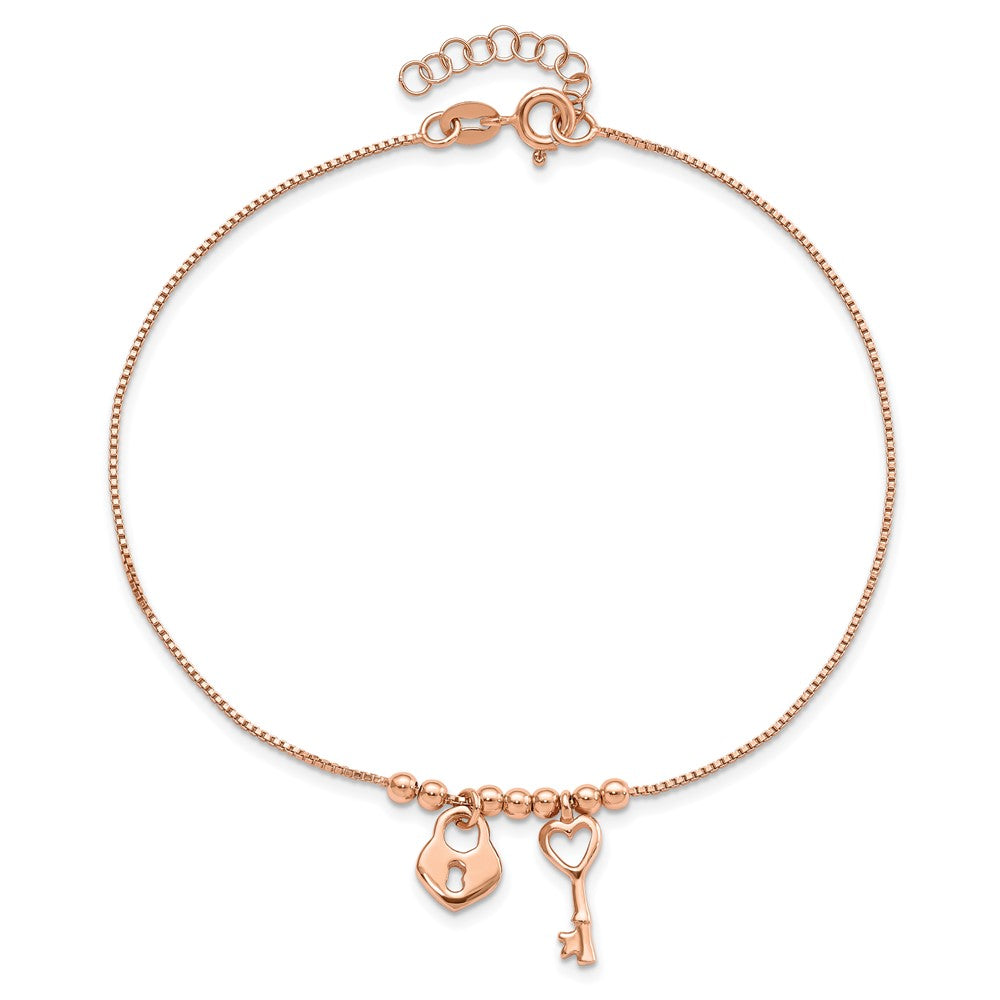Sterling Silver Rose-tone Polished Heart Lock with 1in ext Anklet 9 inches