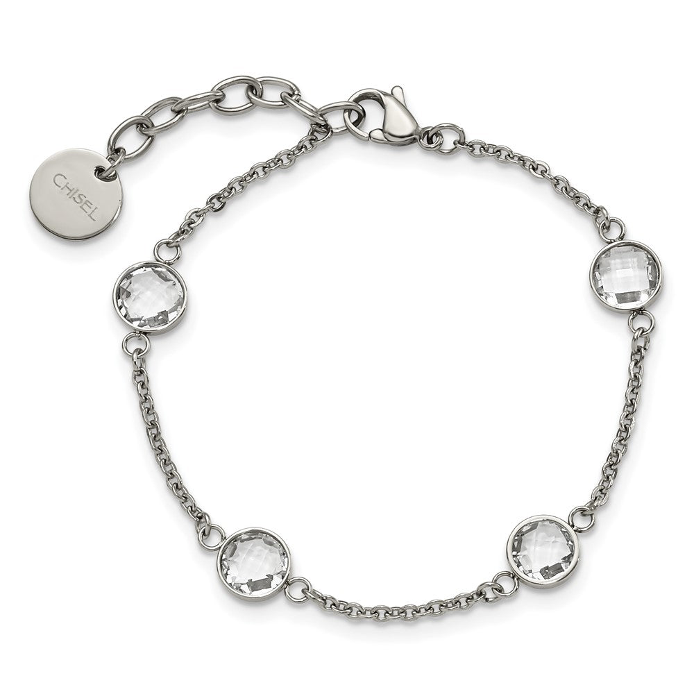 Stainless Steel Polished with Glass 6.5in w/1.25in ext. Bracelet 6.5 inches