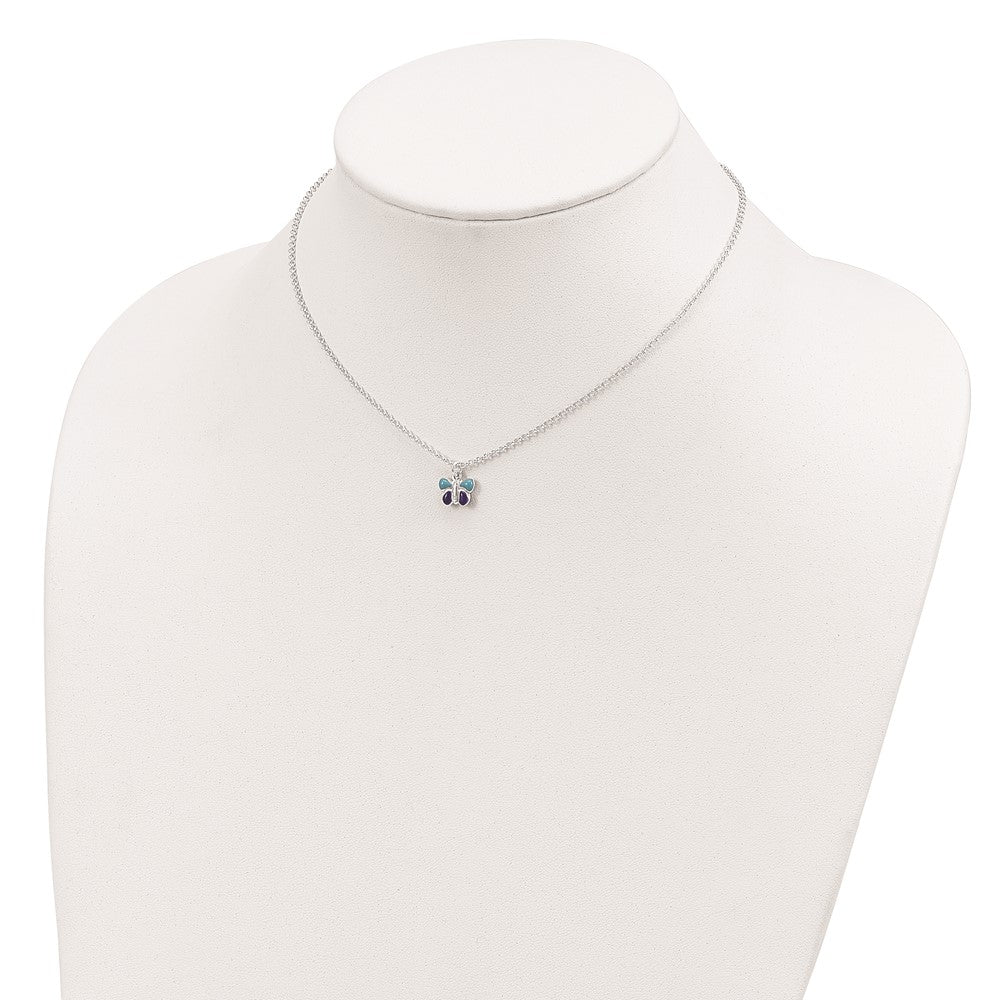 Sterling Silver Polished Blue & Purple Enameled Butterfly with 1.5inch Extension Children's Necklace 15 Inches