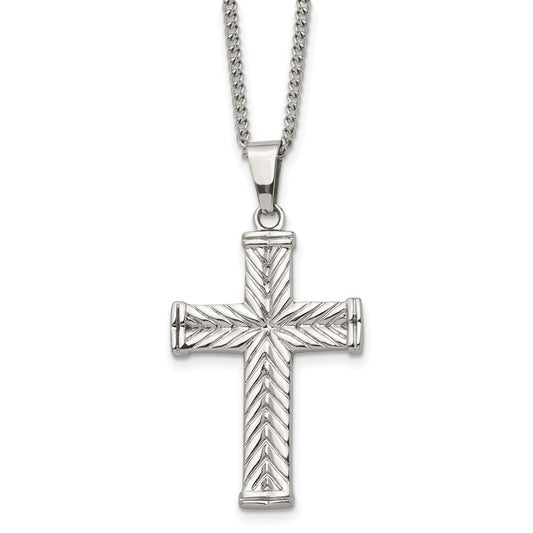 Stainless Steel Polished and Textured Cross 22in Necklace