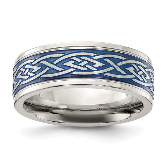 Stainless Steel Polsihed Blue IP-plated Celtic Design 8.00mm Band Size - 11.5