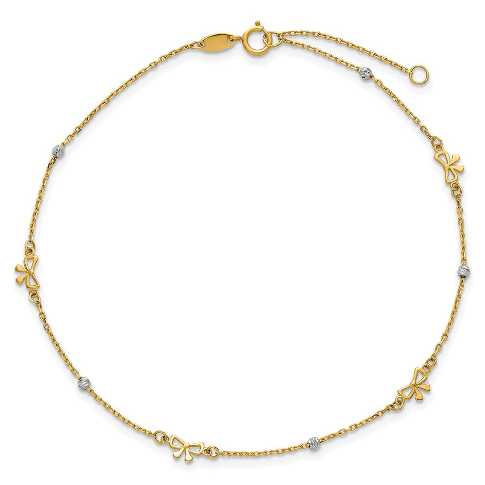 14k Two-tone Polished Diamond-cut Beads and Bows 9 inch with 1 inch Extender Anklet