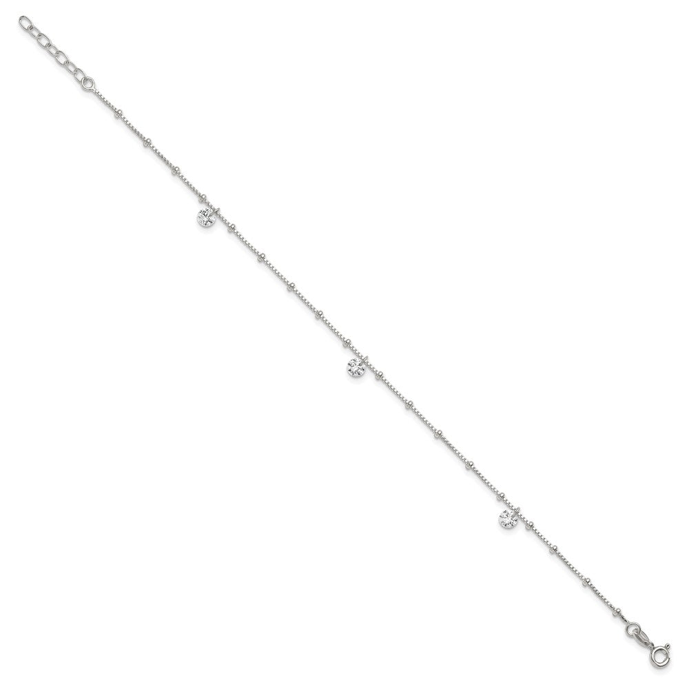 Sterling Silver Polished Beaded with White CZ Dangles 9 inch with 1 inch Extension Anklet