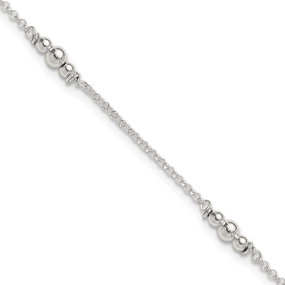 Sterling Silver Polished Bead 9in Plus 1in ext. Anklet 9 inches