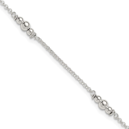 Sterling Silver Polished Bead 9in Plus 1in ext. Anklet 9 inches
