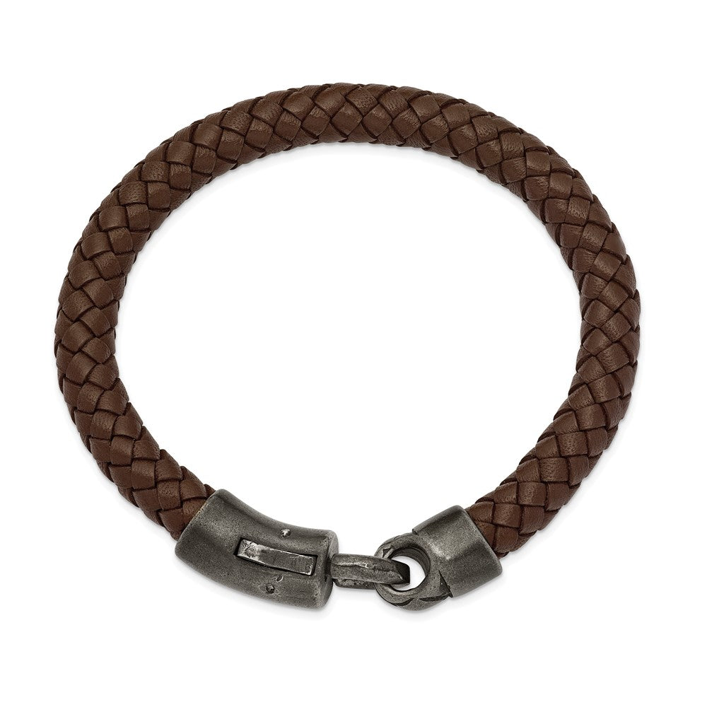 Stainless Steel Antique Grey-plated Brown Leather 8.25in Bracelet 8.25 inches