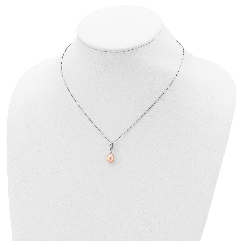 Sterling Silver Rhodium-plated 7-8mm Pink Teardrop Freshwater Cultured Pearl and CZ 17 inch Necklace 17 Inches