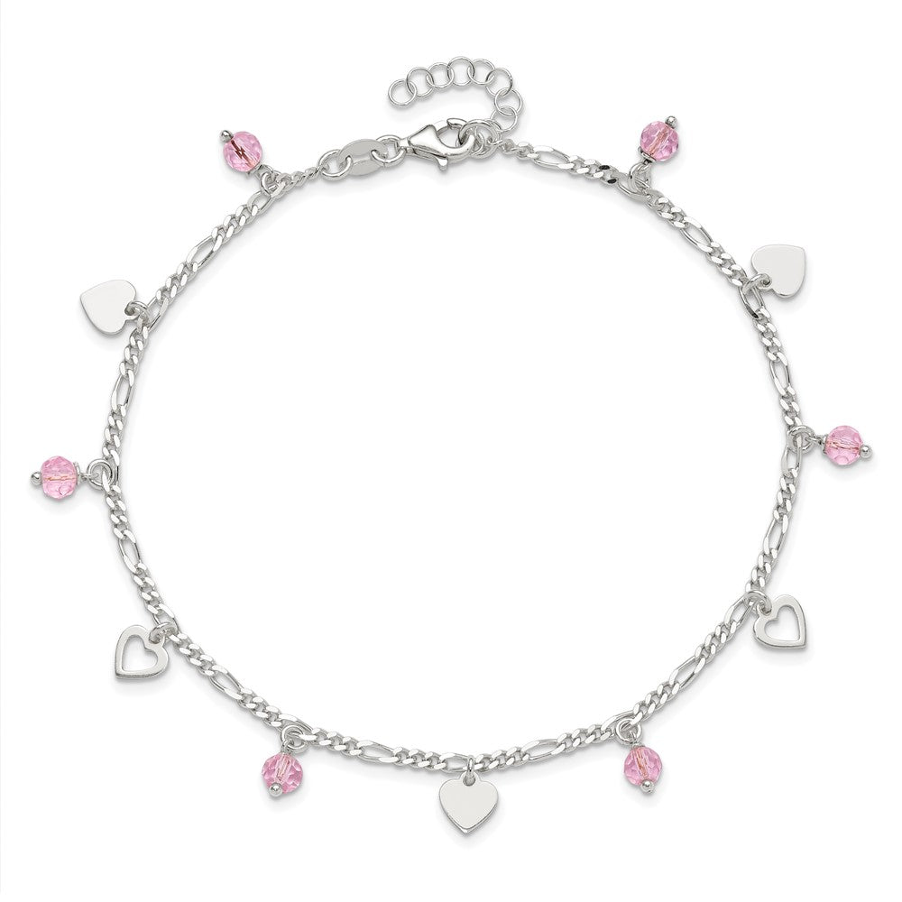 Sterling Silver Pink Glass Beads and Polished Hearts 9 inch Anklet with 1 inch extension 9 inches