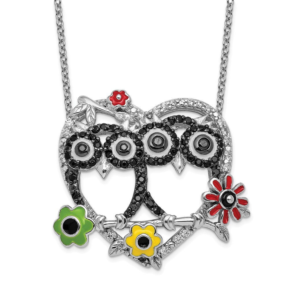 Sterling Silver 16+2in w/ ext. Rhod-plated Enameled CZ Love Owls Necklace