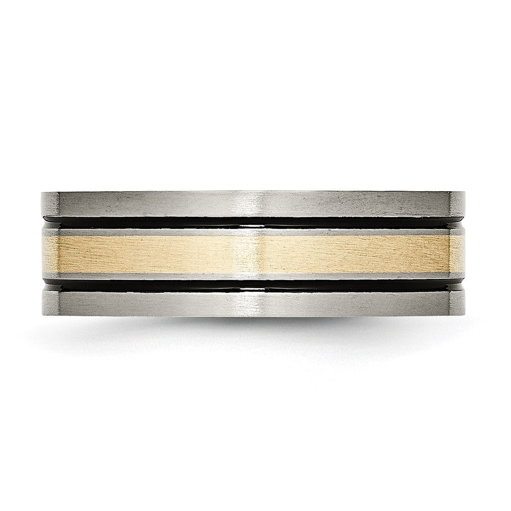 Titanium Antiqued and Brushed w/14k Yellow Inlay 7mm Flat Band Size - 8.5