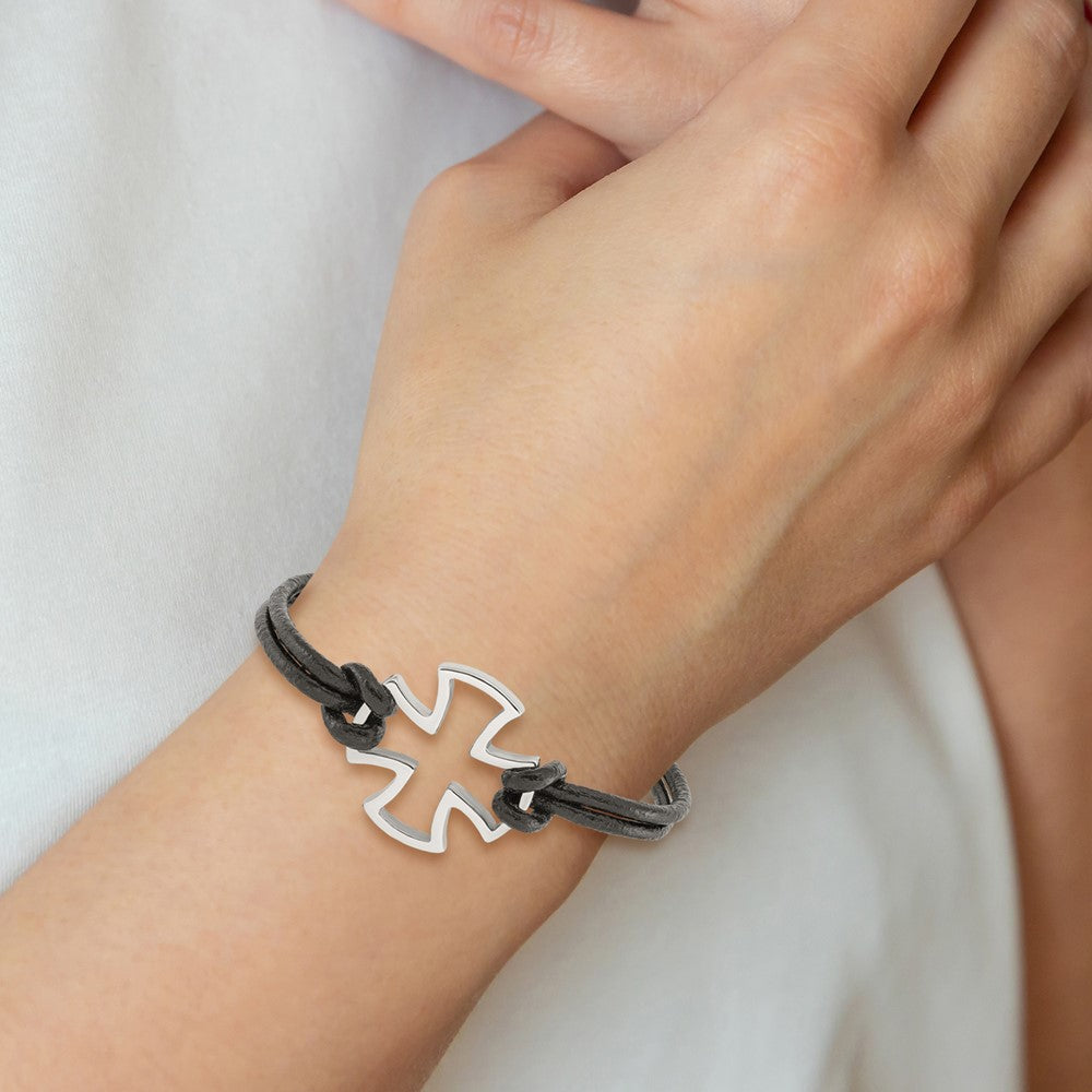 Stainless Steel Antiqued and Polished Cross Black Leather 8.25in Bracelet 8.25 inches